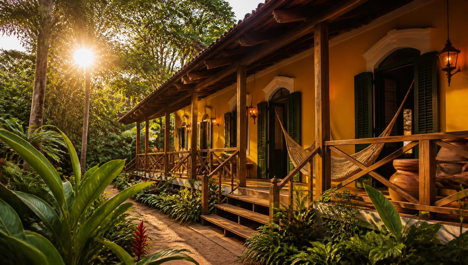 Fachada amarela da Ecopousada Casa Amarela cercada pela floresta amazônica